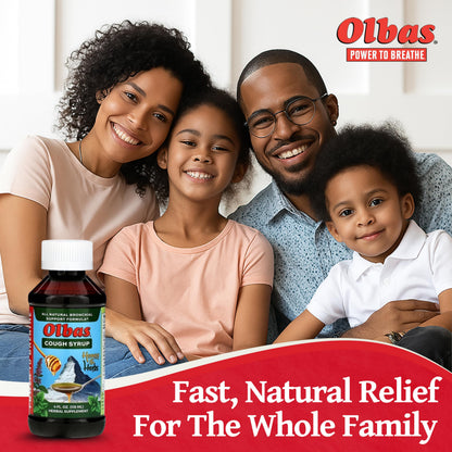 Two bottles of Olbas respiratory health syrup standing upright on a clean surface