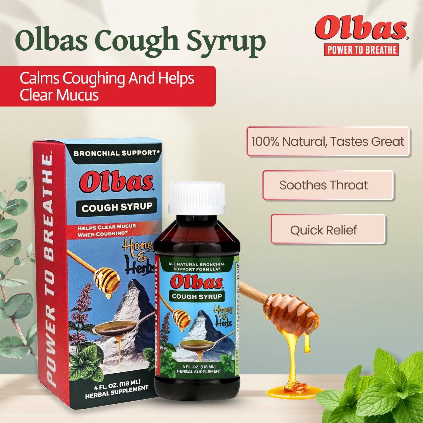 Close up of Olbas family friendly cough syrup directions and safety warning label