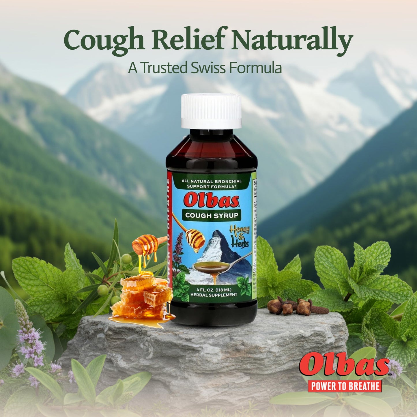 Olbas health and personal care herbal syrup box highlighting the essential oil blend