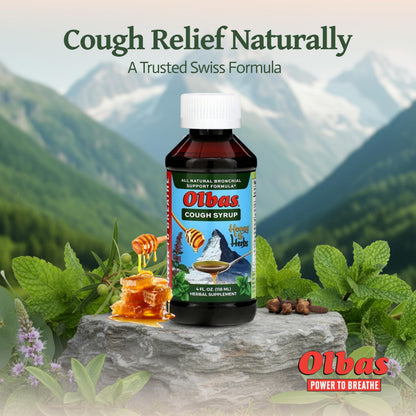 Olbas health and personal care herbal syrup box highlighting the essential oil blend