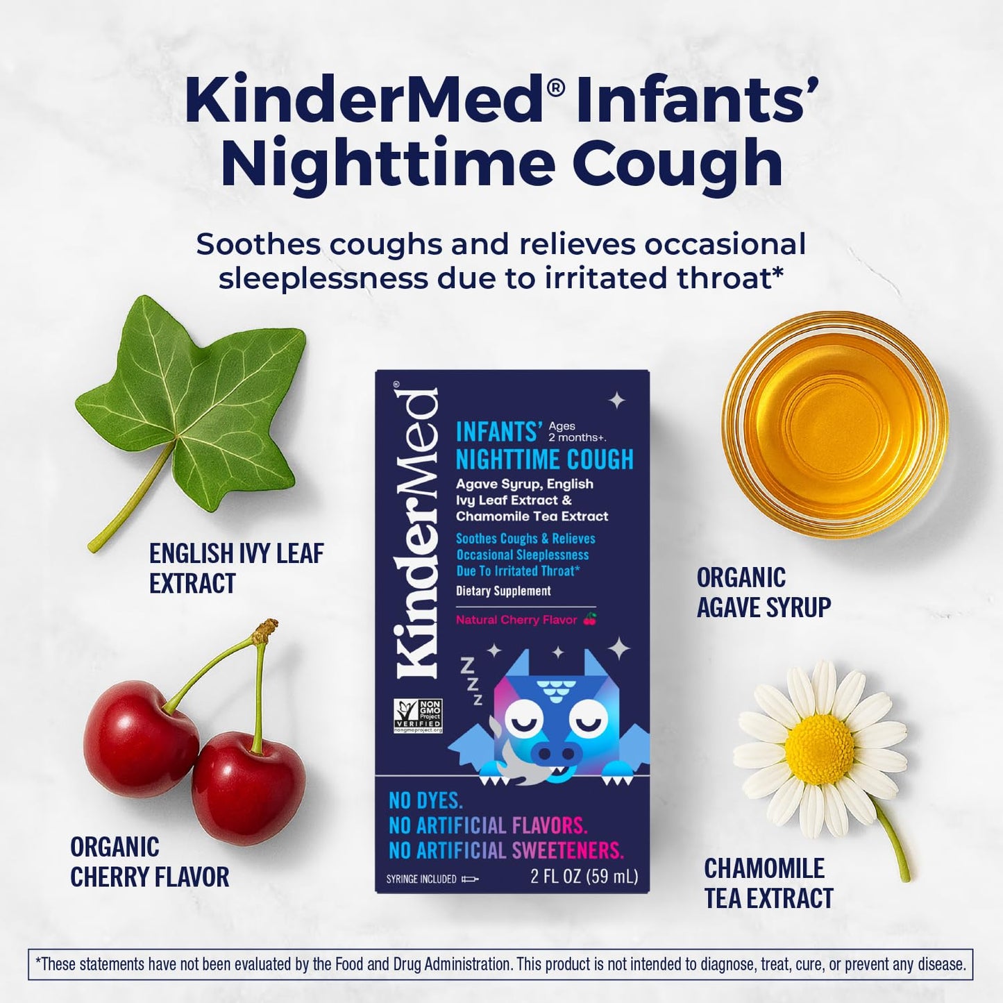 Dye free and artificial sweetener free certification labels on KinderMed baby supplement