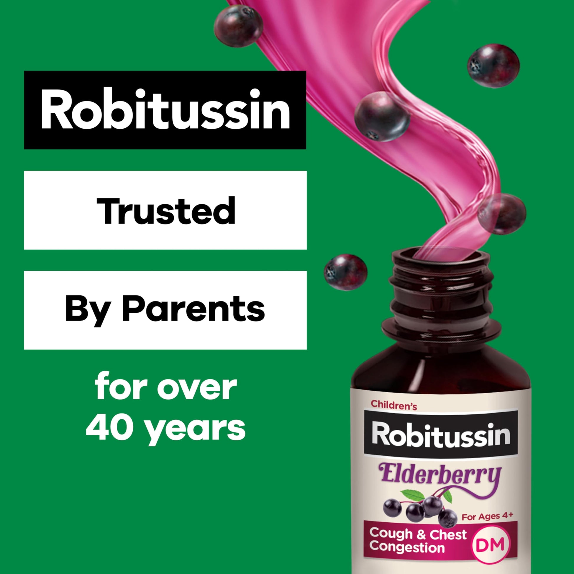 Robitussin kids elderberry cough suppressant bottle with included dosing cup