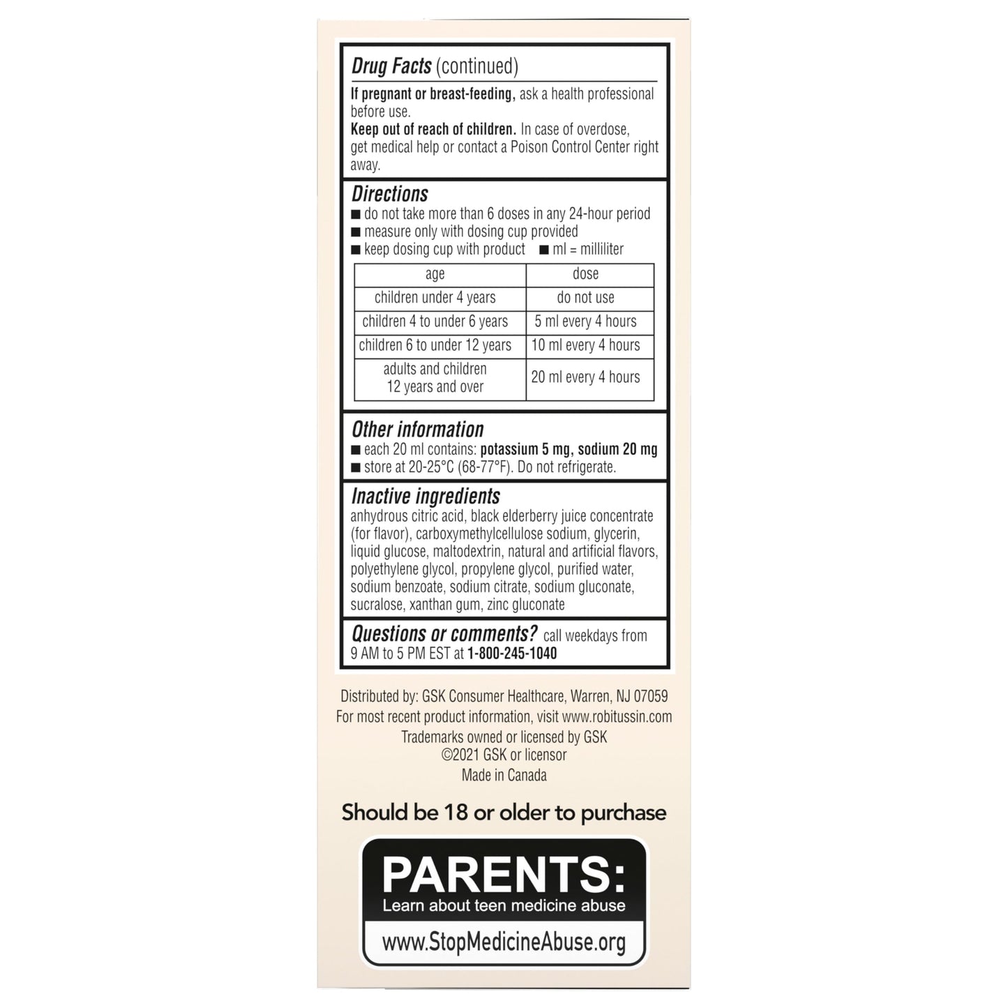 Robitussin pediatric elderberry expectorant syrup back label warnings and directions