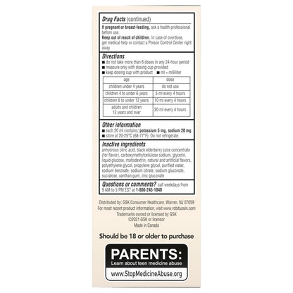 Robitussin pediatric elderberry expectorant syrup back label warnings and directions