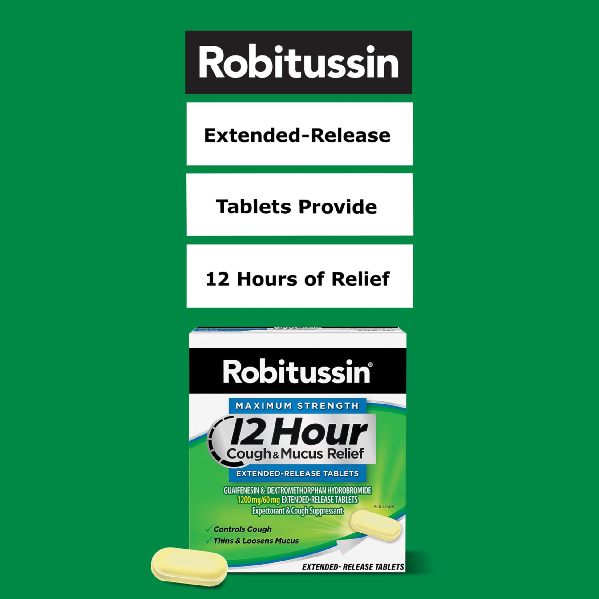 Robitussin maximum strength cough relief tablets clear packaging display with capsule visual.