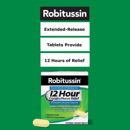 Robitussin maximum strength cough relief tablets clear packaging display with capsule visual.