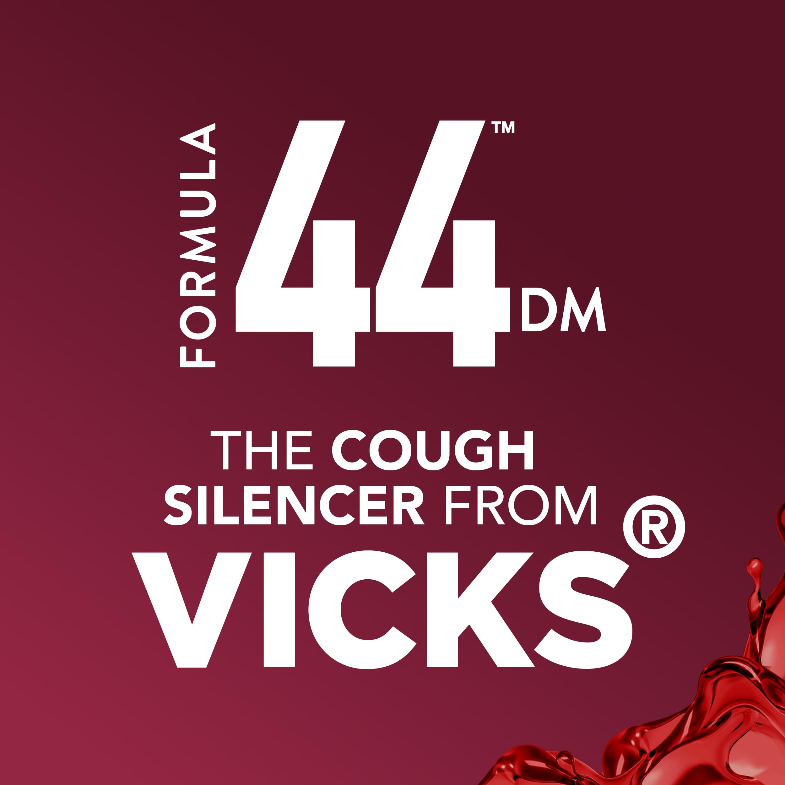 Vicks Formula 44 DM 12 Fluid Ounces bottle highlighting the berry flavor label