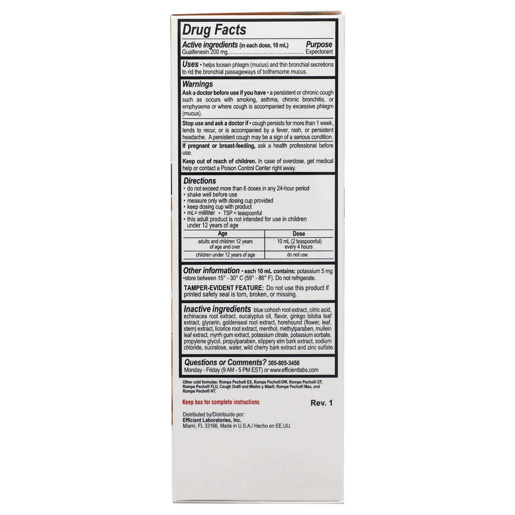 Back label view of Rompe Pecho Sugar Free expectorant showing guaifenesin facts