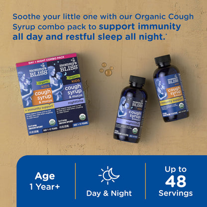 Mommy's Bliss certified USDA organic children cough syrup bottles showing daytime and nighttime formulas.