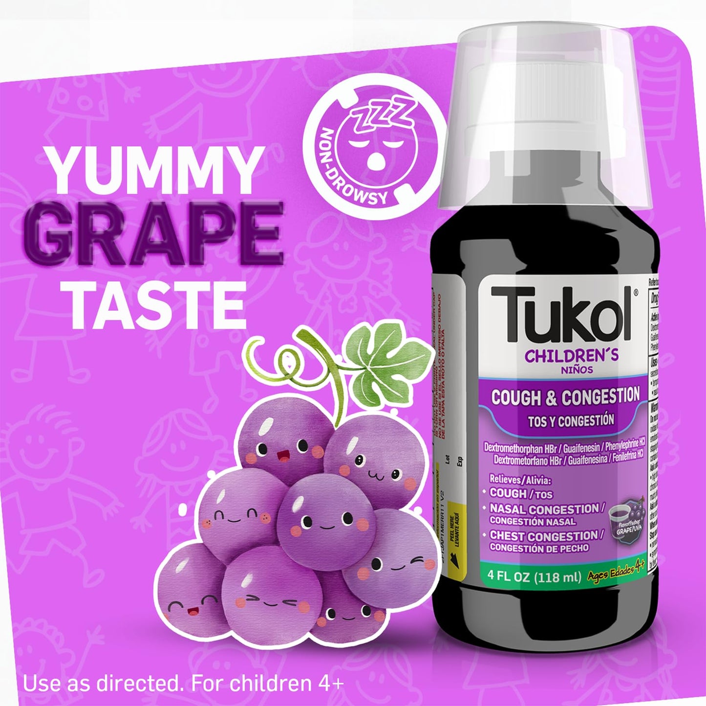 Grape flavor TUKOL cough and congestion syrup for kids age four plus