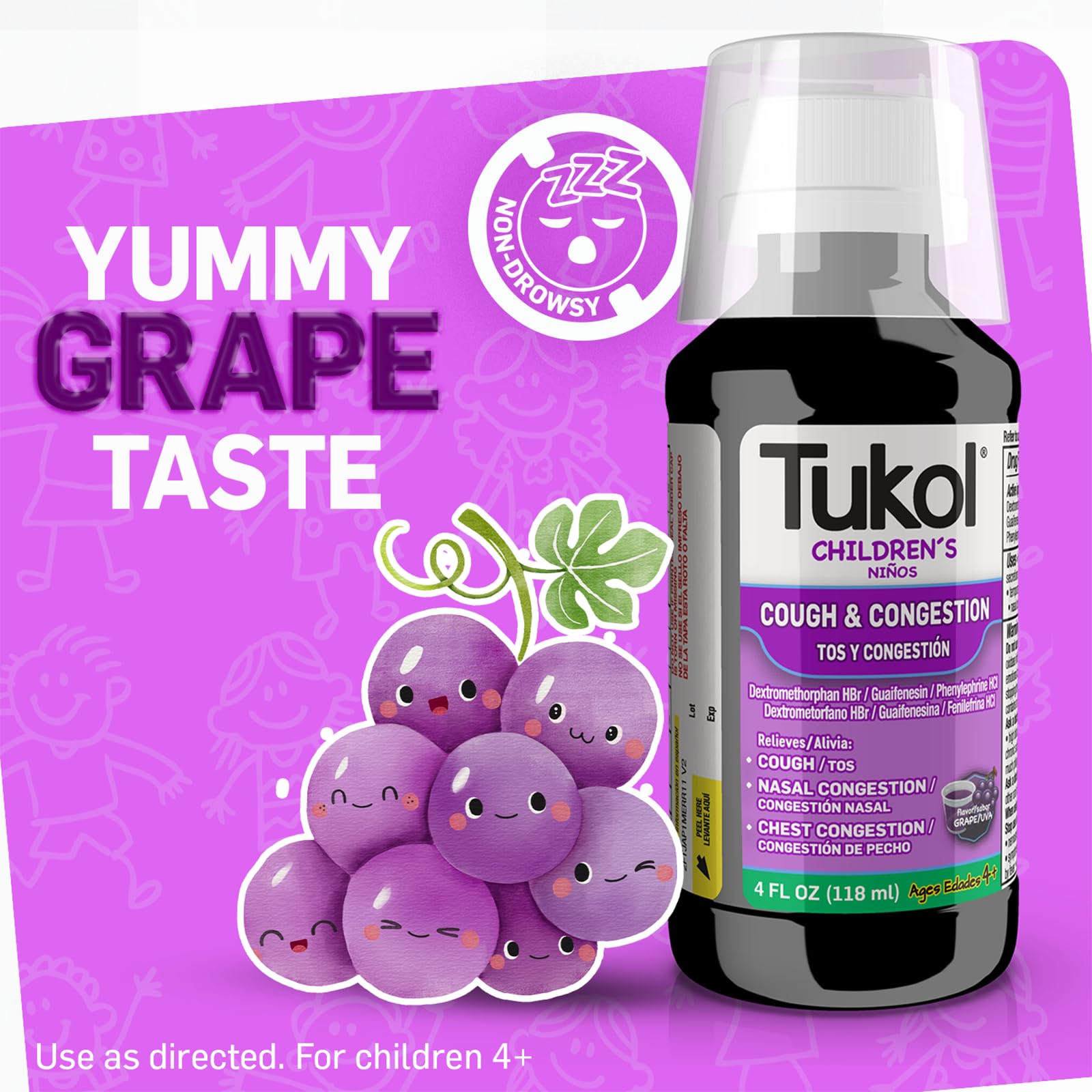 Grape flavor TUKOL cough and congestion syrup for kids age four plus