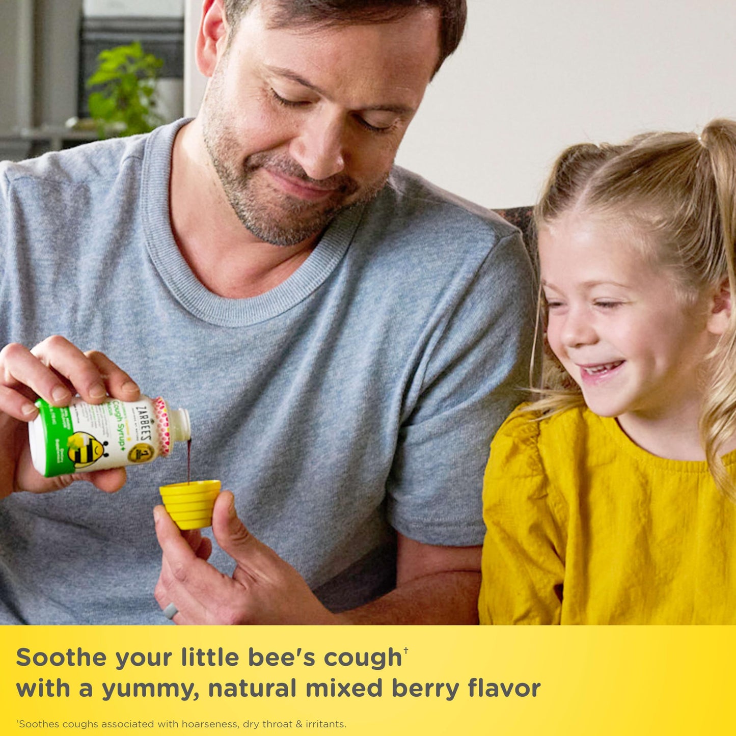 Side panel of Zarbee's honey cough syrup highlighting drug free and alcohol free claims