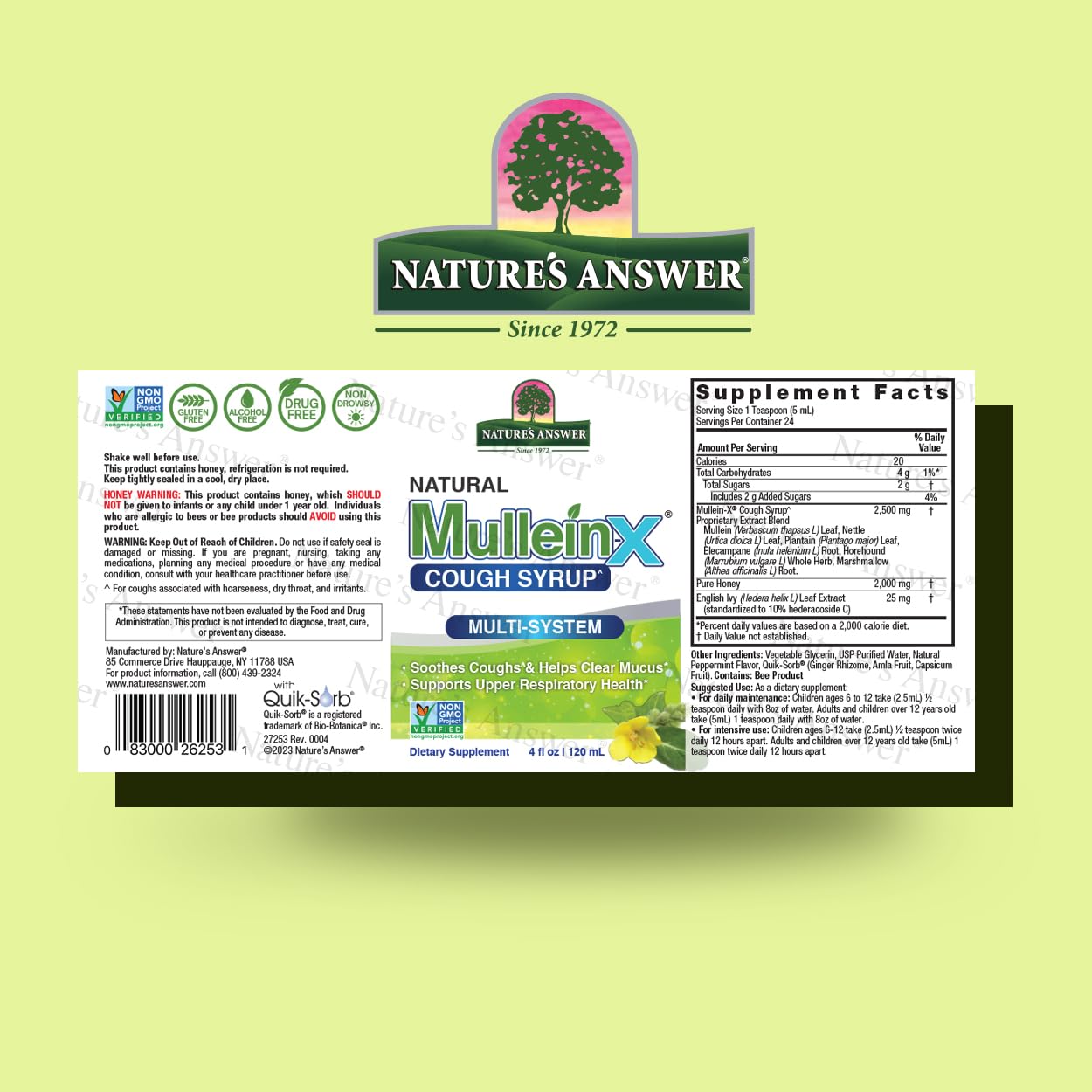 Nature's Answer Mullein-X herbal cough syrup packaging showcasing ingredients like mullein leaf and honey