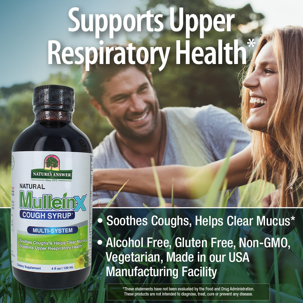 Nature's Answer non-drowsy cough syrup bottle highlighting gluten-free and non-GMO certifications