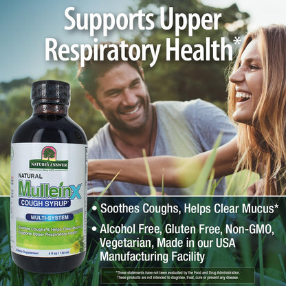 Nature's Answer non-drowsy cough syrup bottle highlighting gluten-free and non-GMO certifications