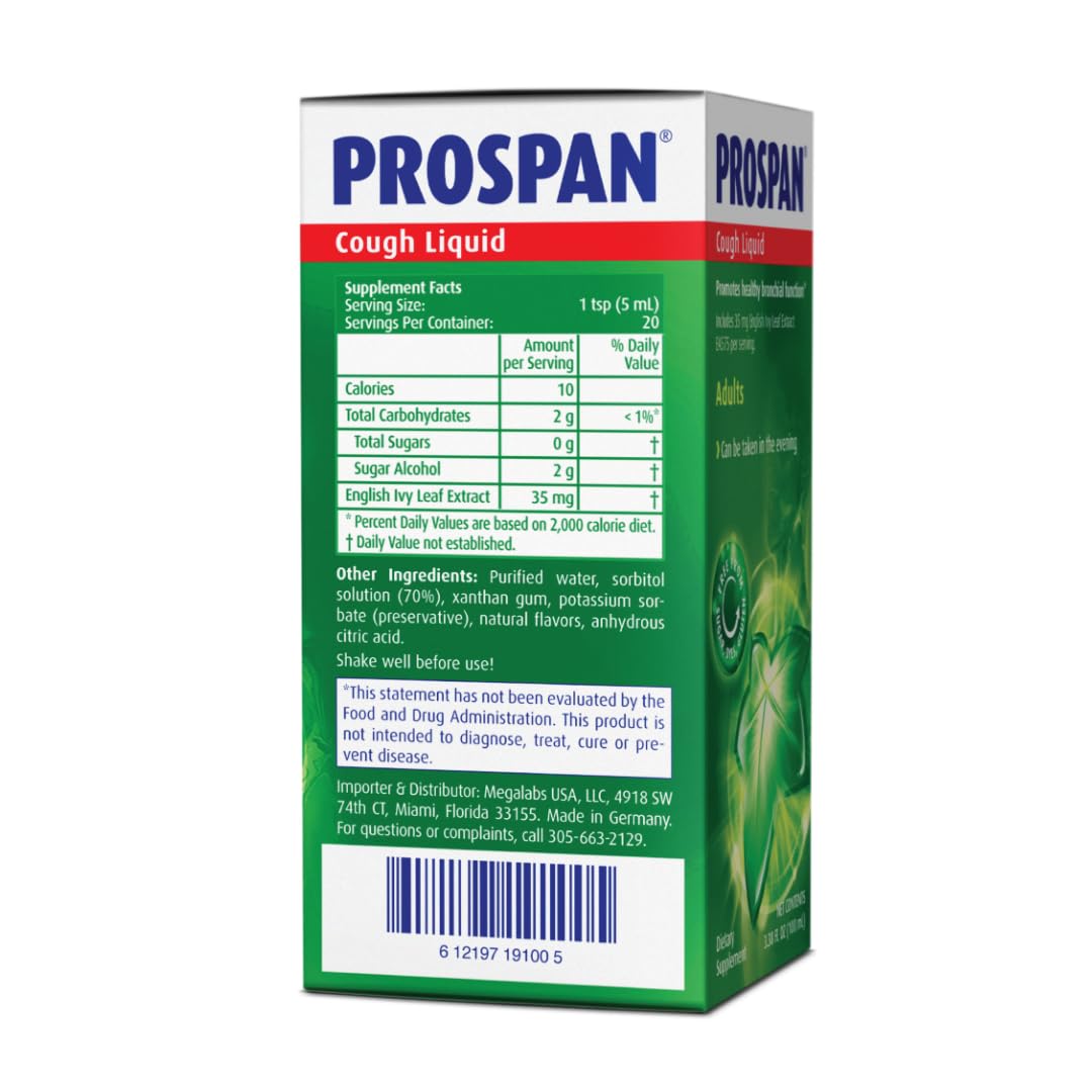 Prospan sugar free alcohol free respiratory health supplement with measuring cup.