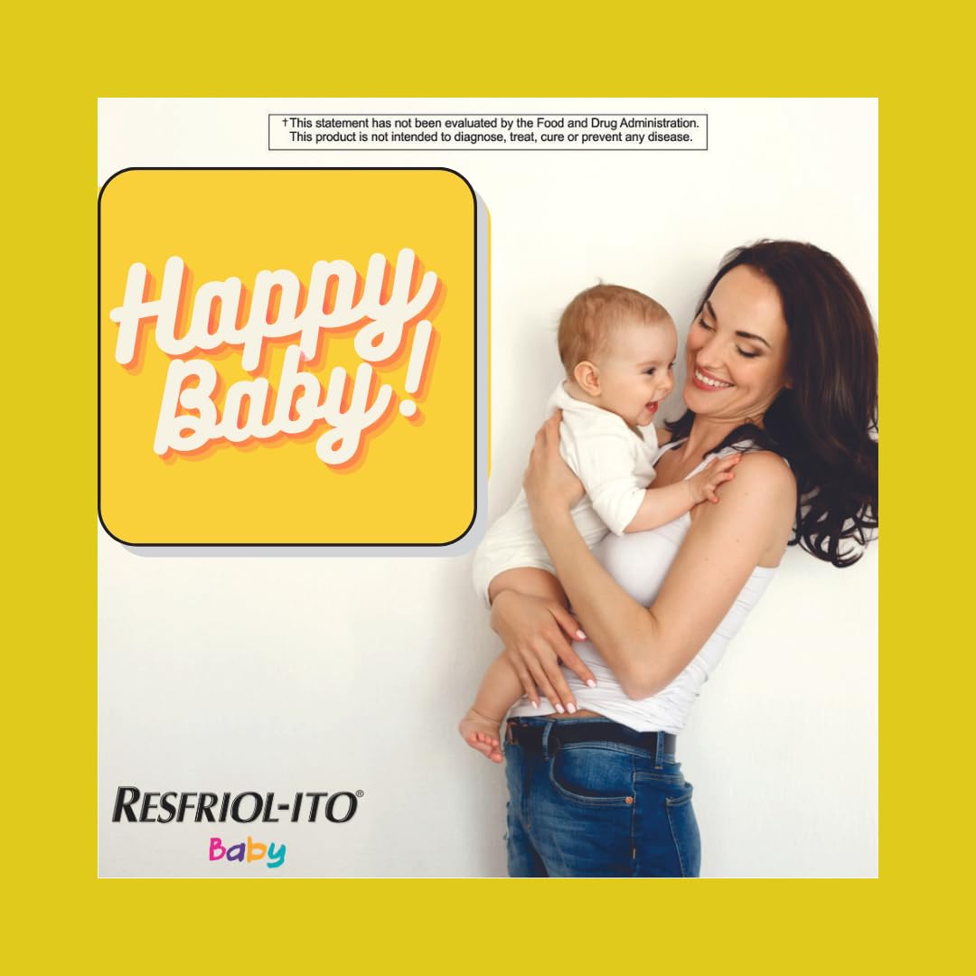 Two fluid ounce bottle of Resfriolito baby mucus relief syrup showing clear liquid form.