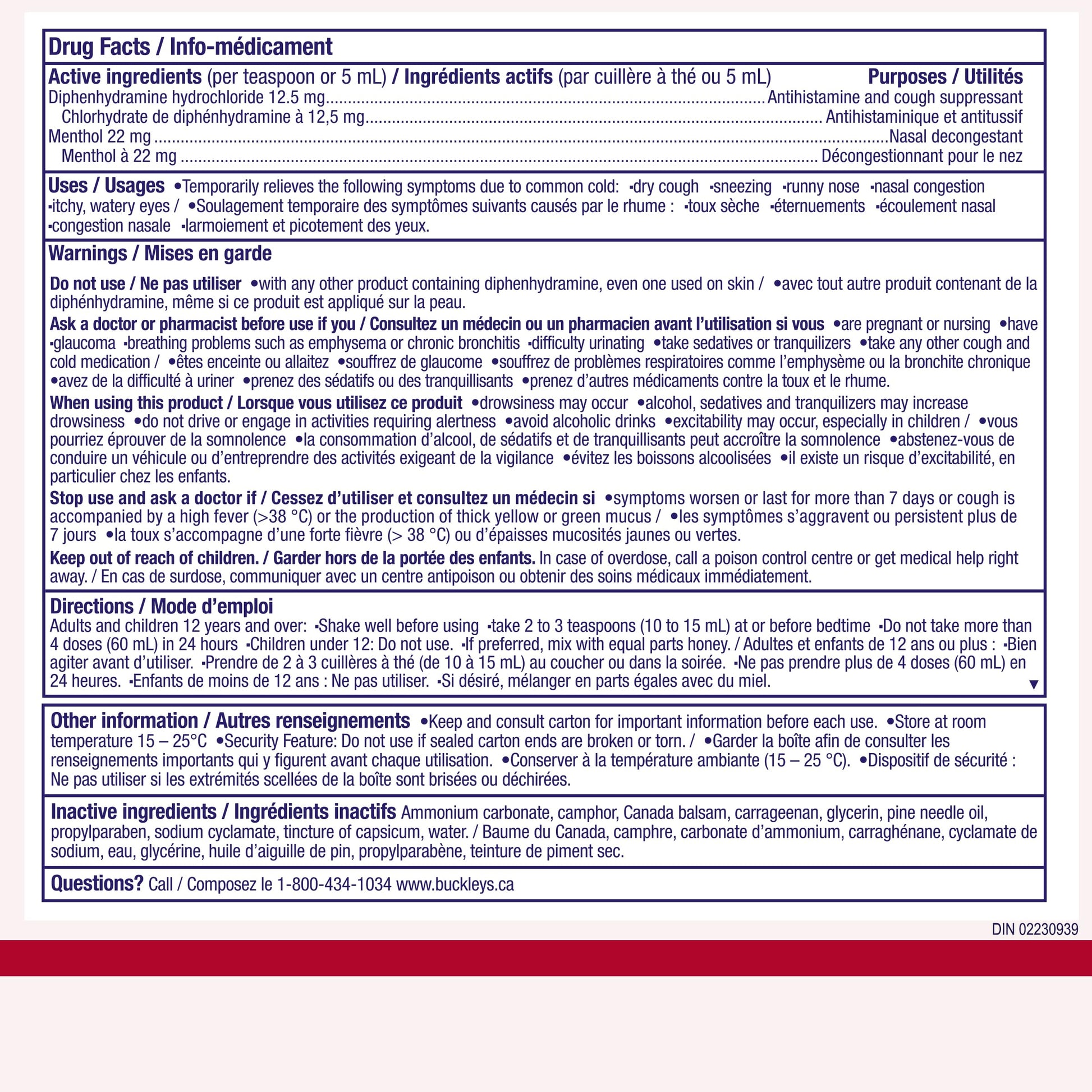 Buckley's nighttime cold and flu mixture packaging details and directions