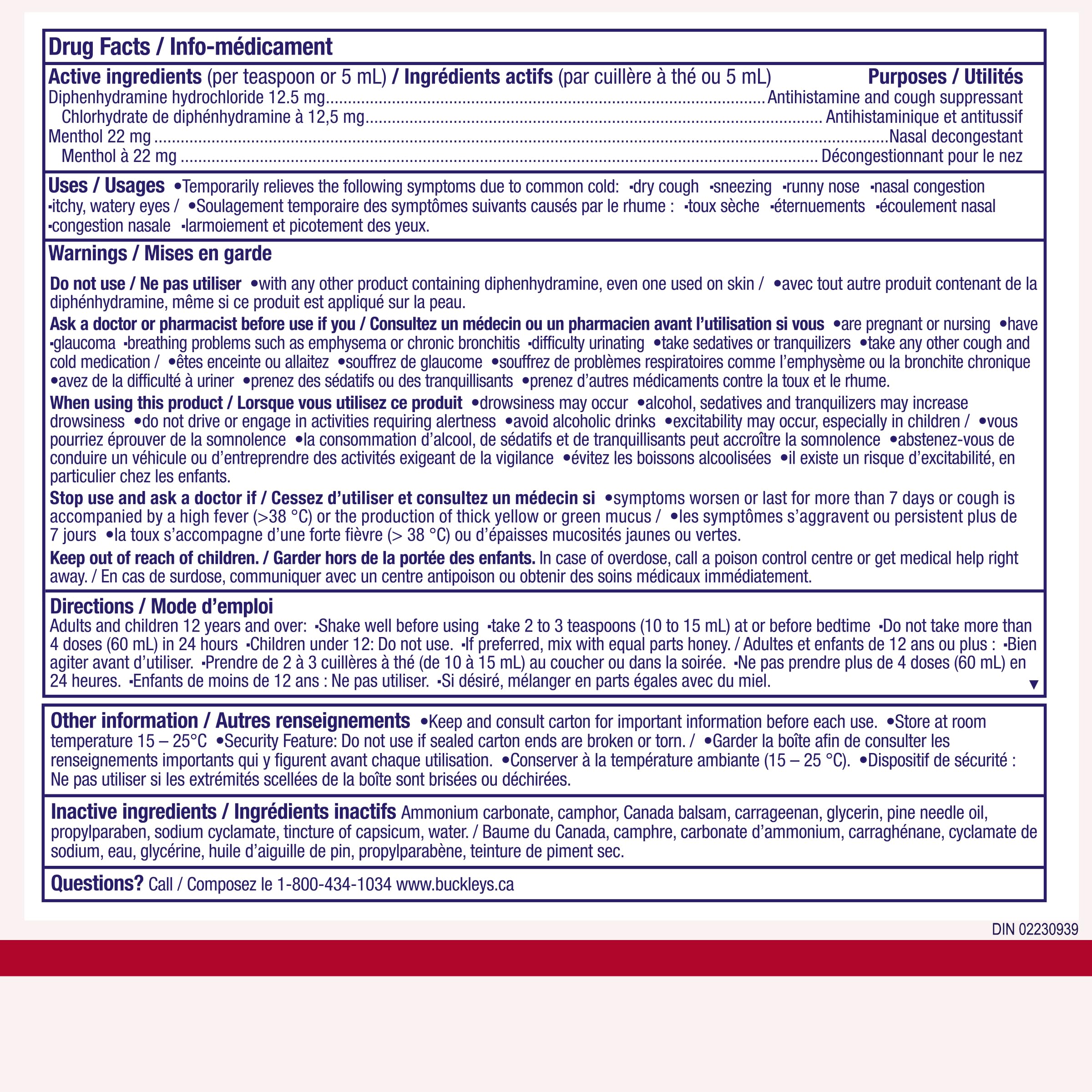 Buckley's nighttime cold and flu mixture packaging details and directions