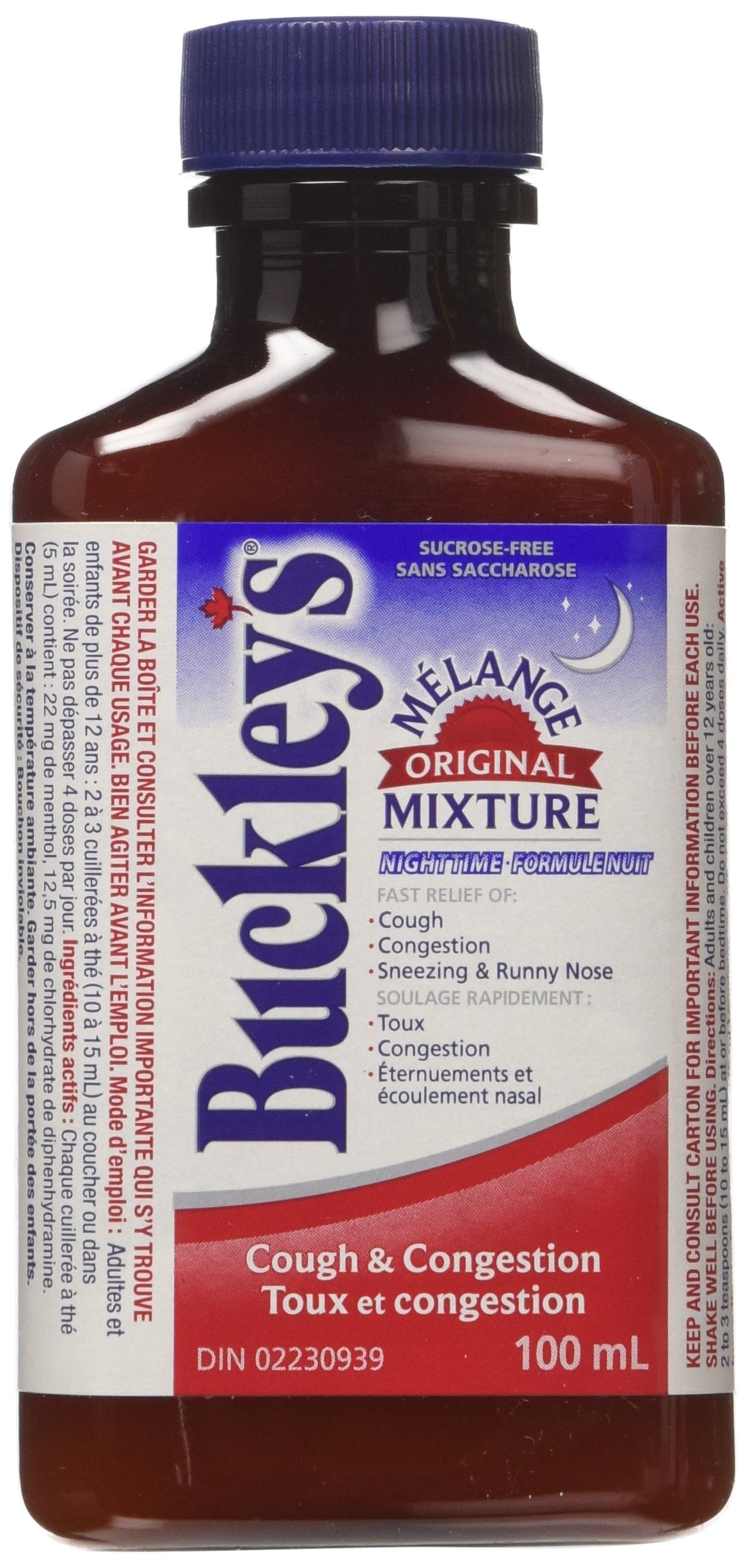 Buckley's fast acting cough syrup bottle showing active ingredients