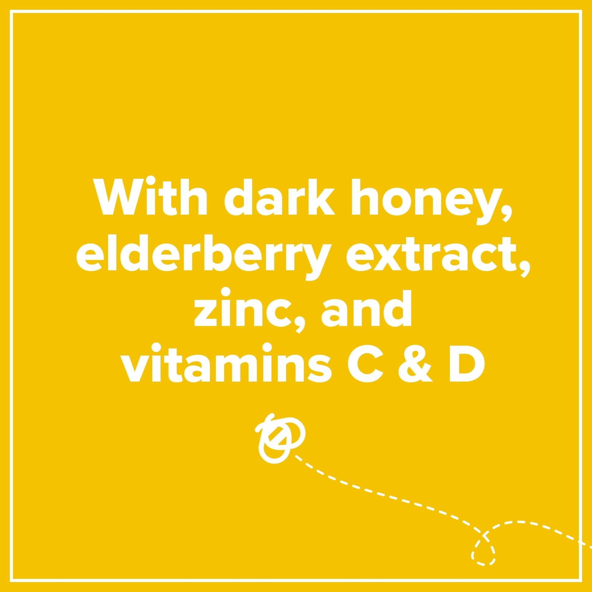 Back label view of Zarbee's honey cough syrup displaying vitamin C, D, and zinc supplement facts.