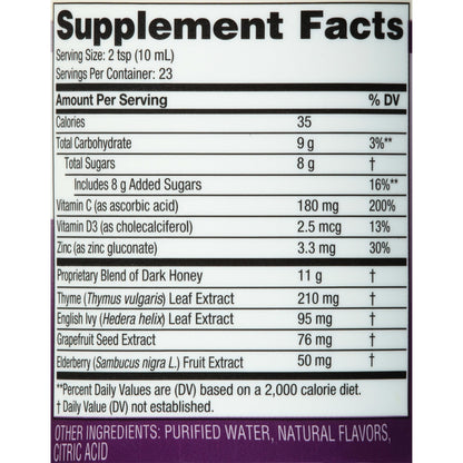 Clear view of the ingredient list and age recommendations on an imported Zarbee's adult bottle.