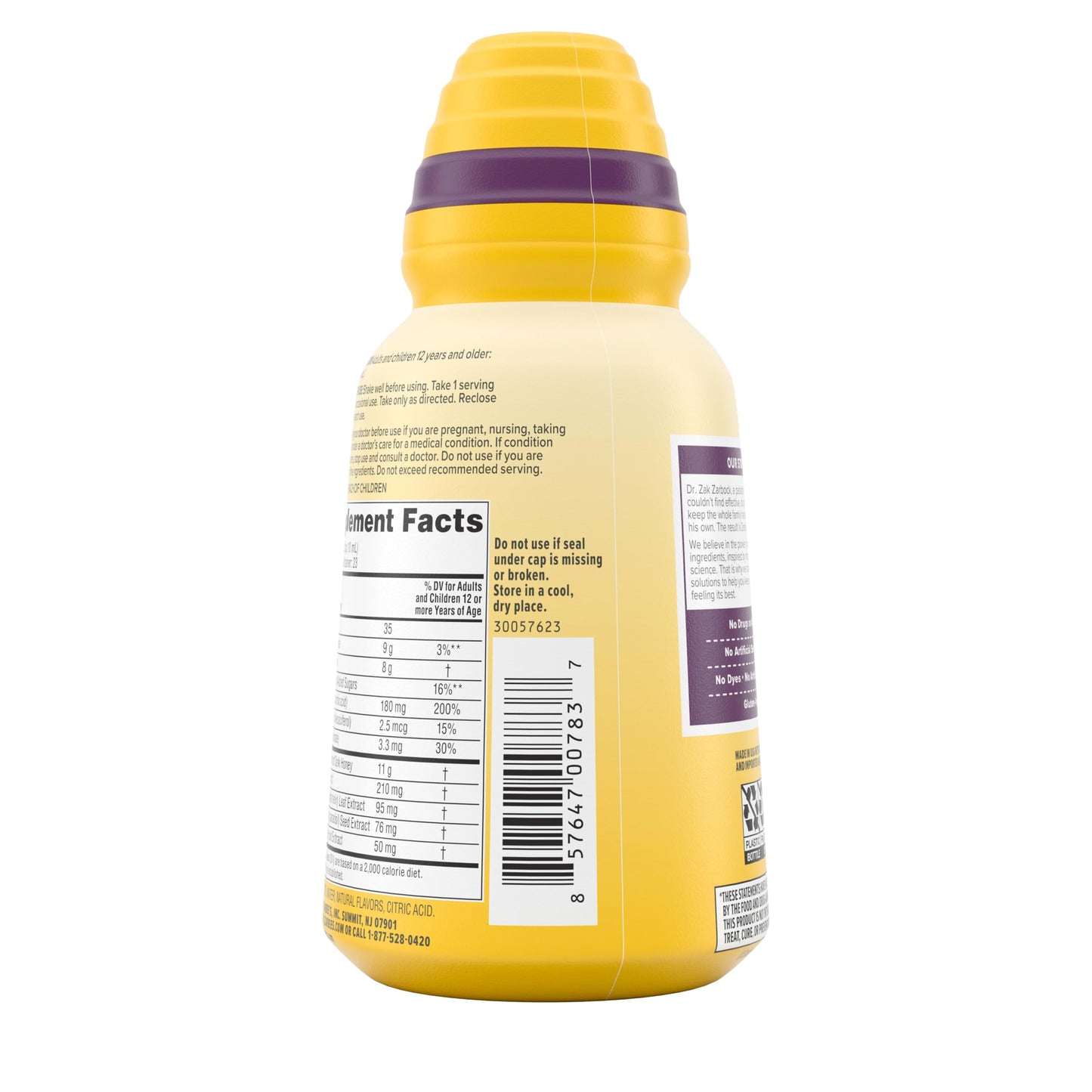 Full packaging shot of USA-sourced Zarbee's complete daytime cough syrup showing triple immune defense.
