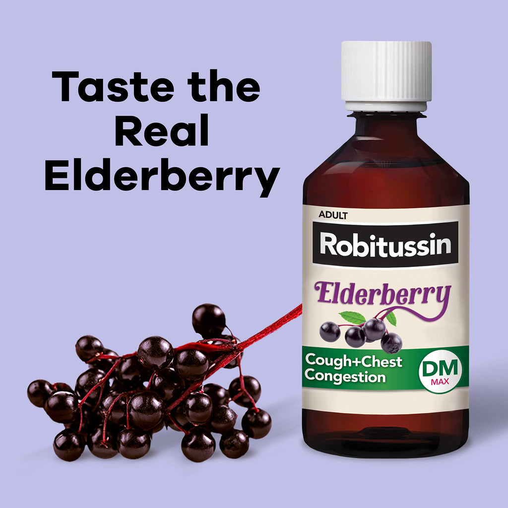 Robitussin 8 fluid ounce twin pack packaging highlighting real elderberry flavor formulation