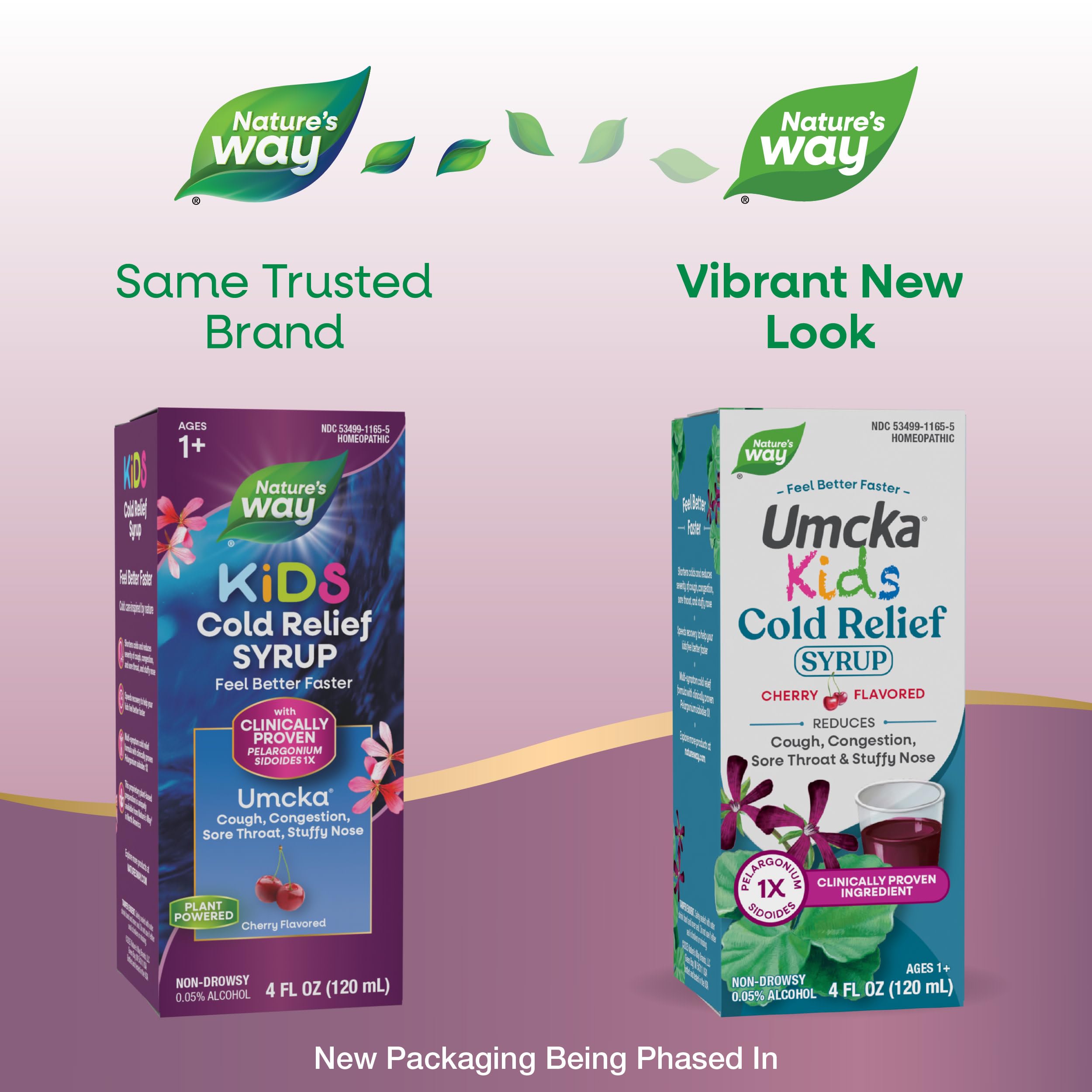 Nature's Way homeopathic cherry flavor syrup packaging showing clinical claims