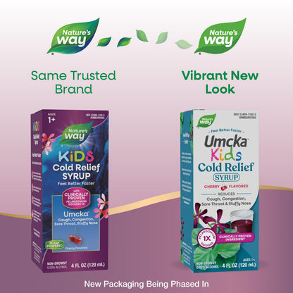 Nature's Way homeopathic cherry flavor syrup packaging showing clinical claims