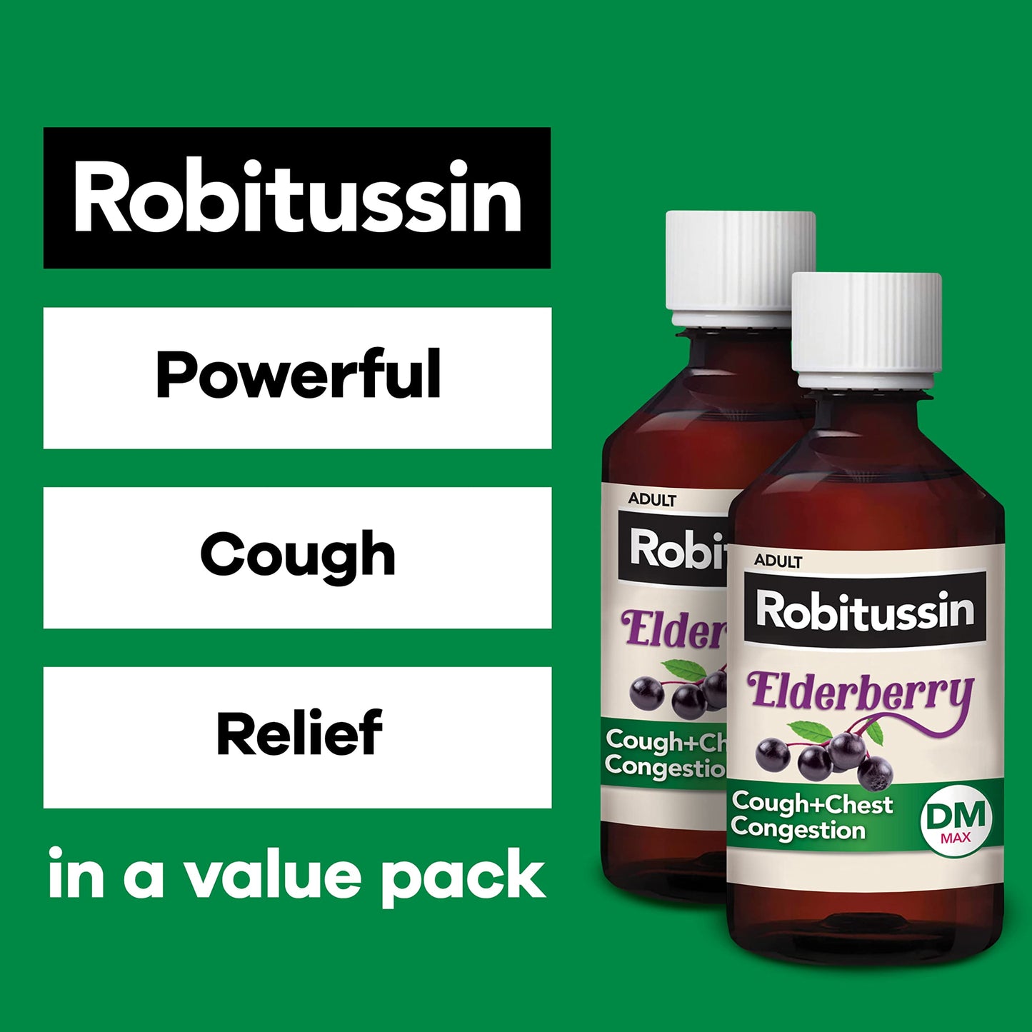 Robitussin DM elderberry bottle with included clear plastic medicine measuring cup