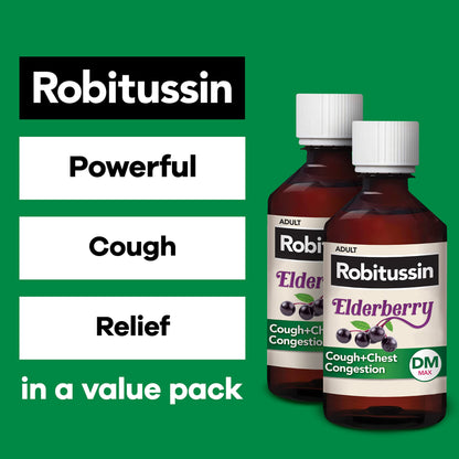 Robitussin DM elderberry bottle with included clear plastic medicine measuring cup