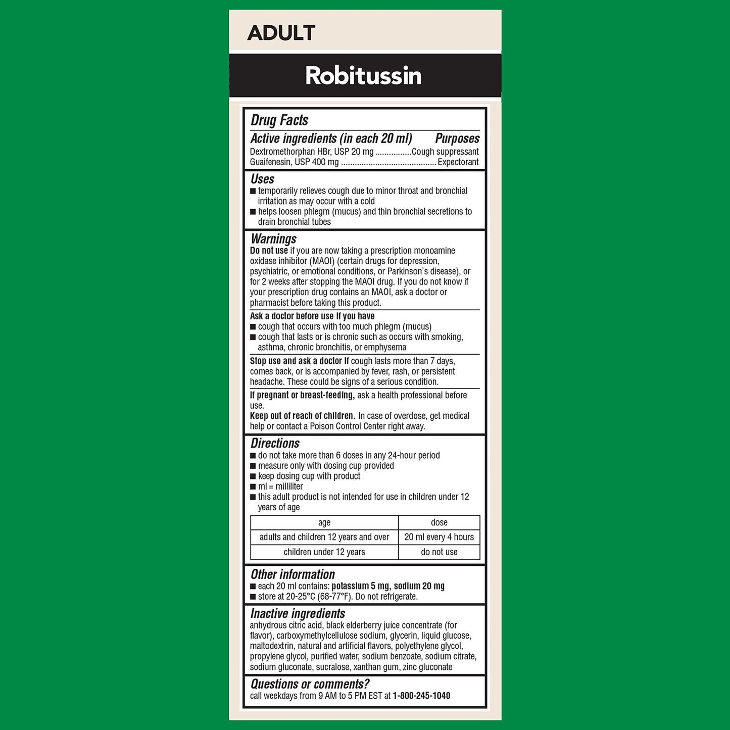 Robitussin chest congestion relief medicine box showing zero artificial colors or dyes icon