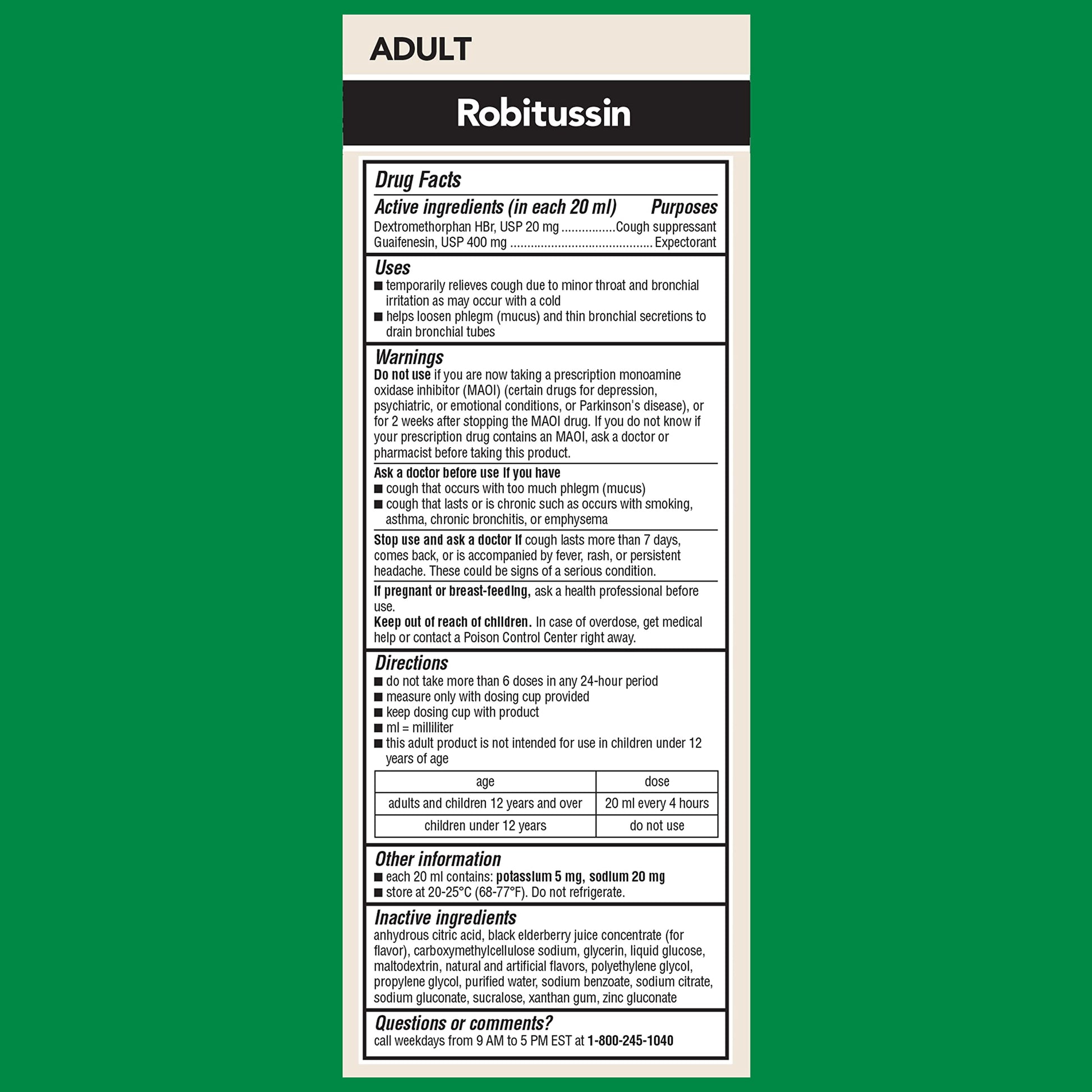 Robitussin chest congestion relief medicine box showing zero artificial colors or dyes icon