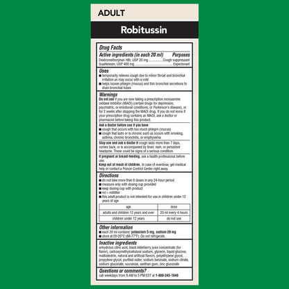 Robitussin chest congestion relief medicine box showing zero artificial colors or dyes icon