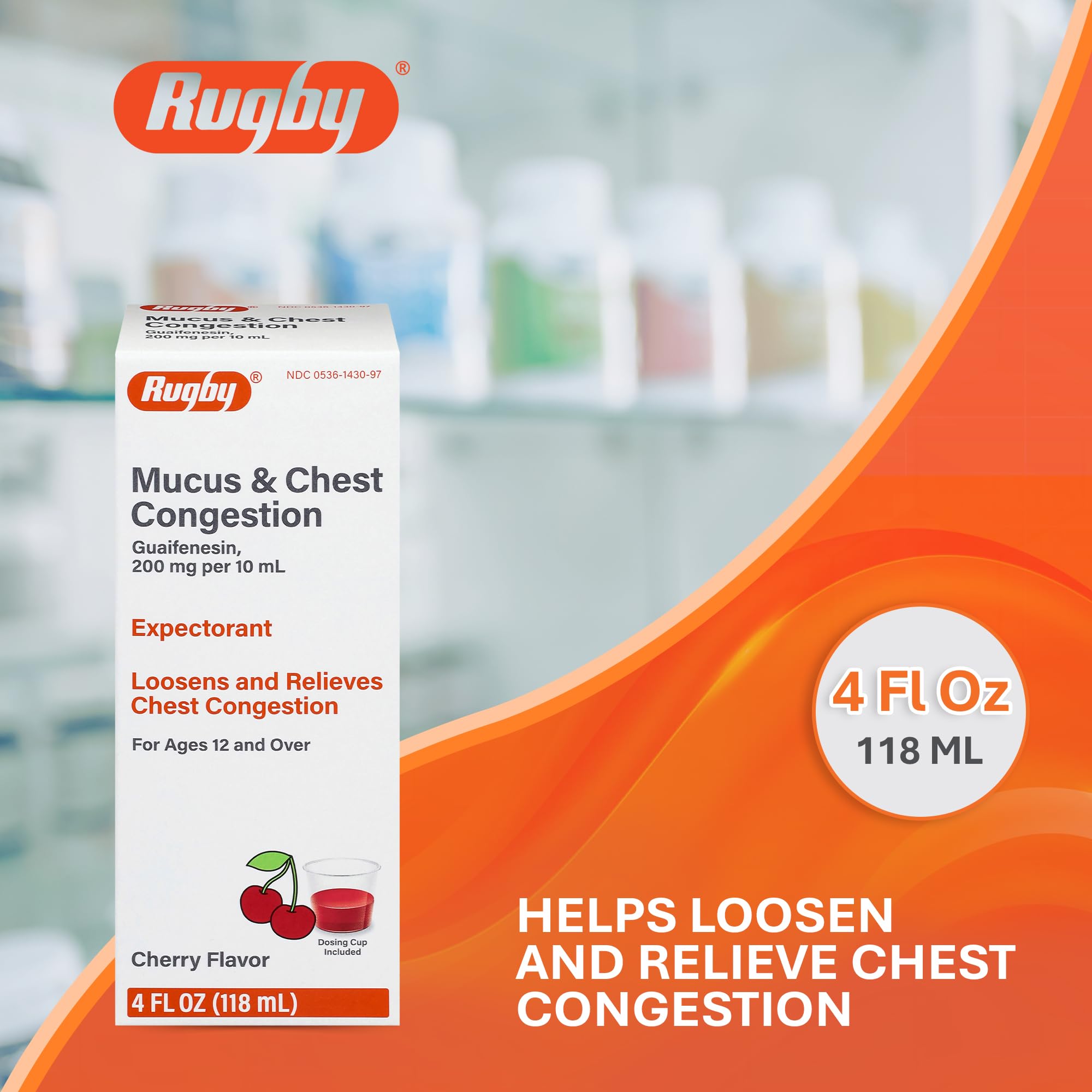Rugby Laboratories expectorant syrup bottle with the included clear plastic dosing cup.