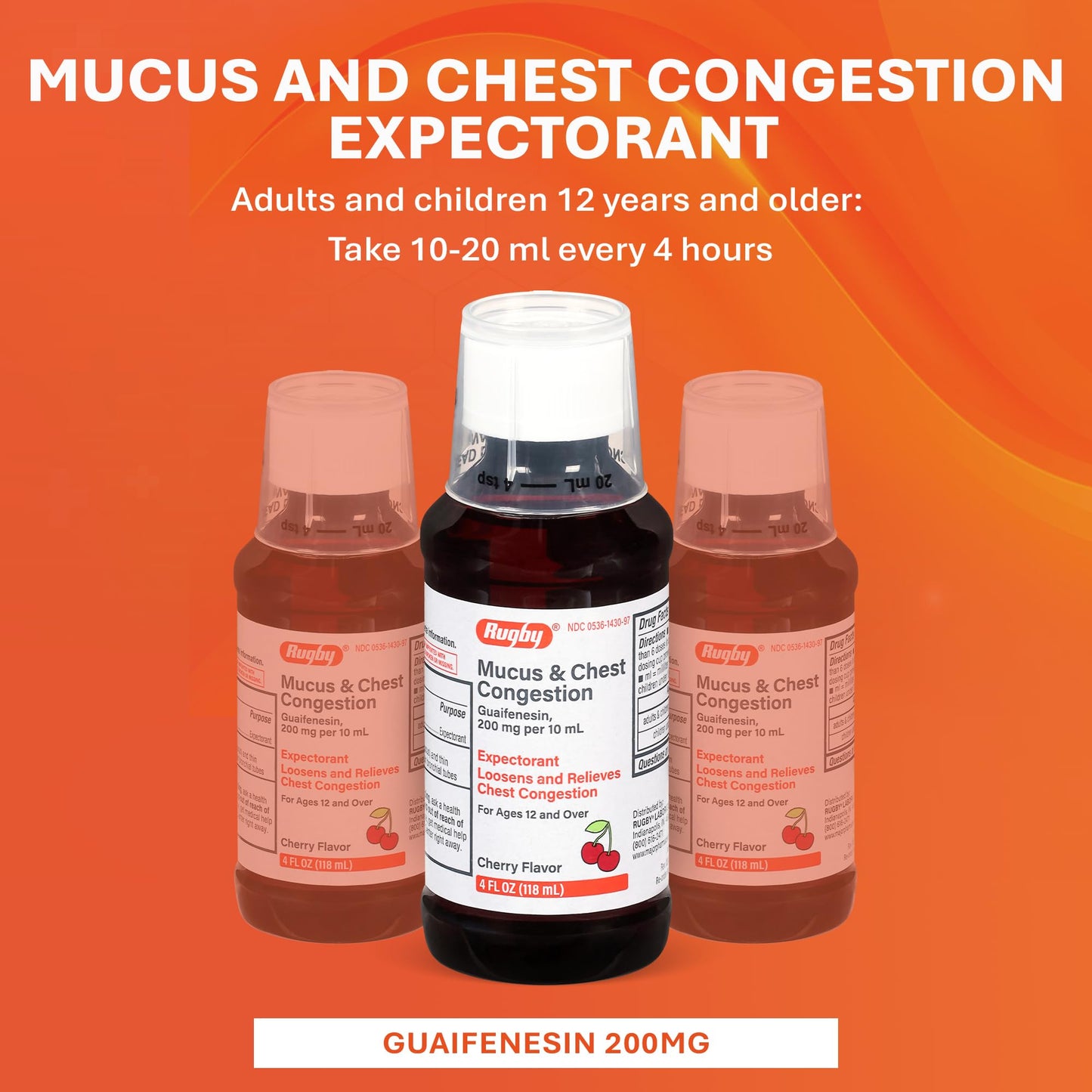 Close up of the supplement facts panel on the Rugby Mucus and Chest Congestion packaging.