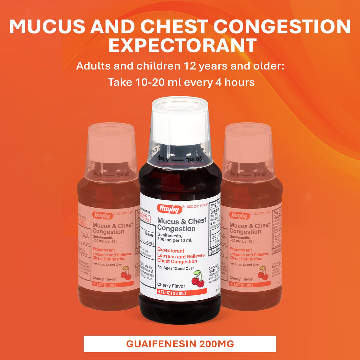 Close up of the supplement facts panel on the Rugby Mucus and Chest Congestion packaging.