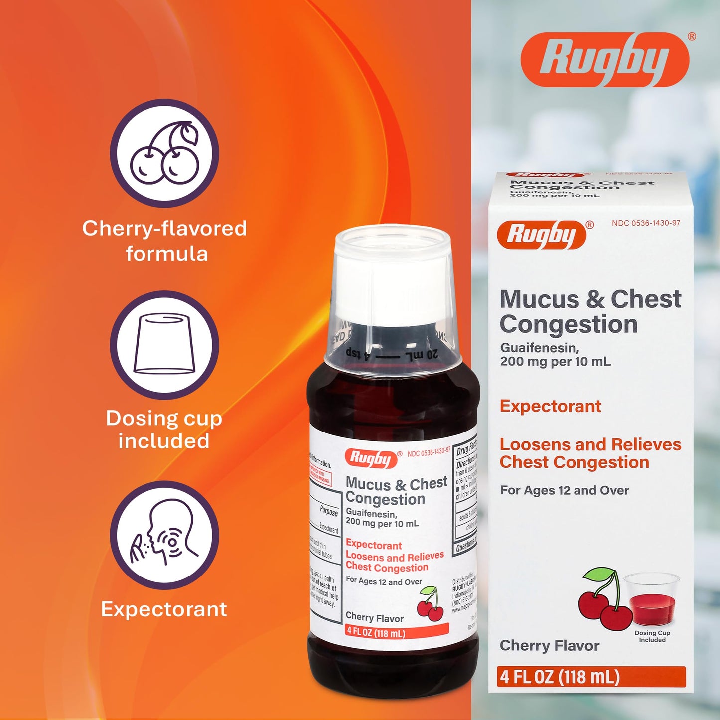 Back label of Rugby Laboratories Guaifenesin syrup showcasing detailed usage and age warnings.