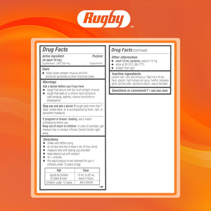 Rugby Laboratories cough syrup packaging showing the clear Human Over-The-Counter drug details.