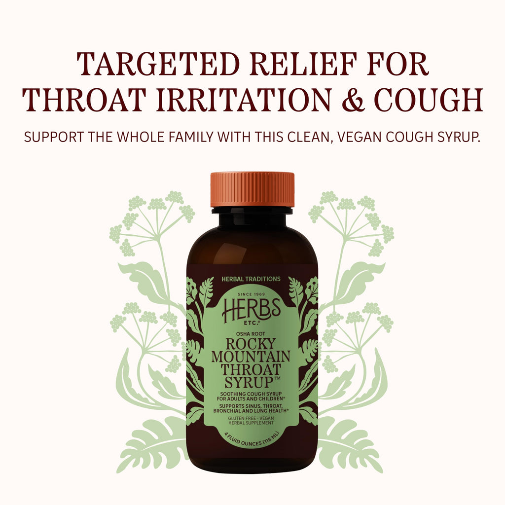 Herbs Etc. Osha Root Throat Syrup packaging showing gluten-free and vegan certifications