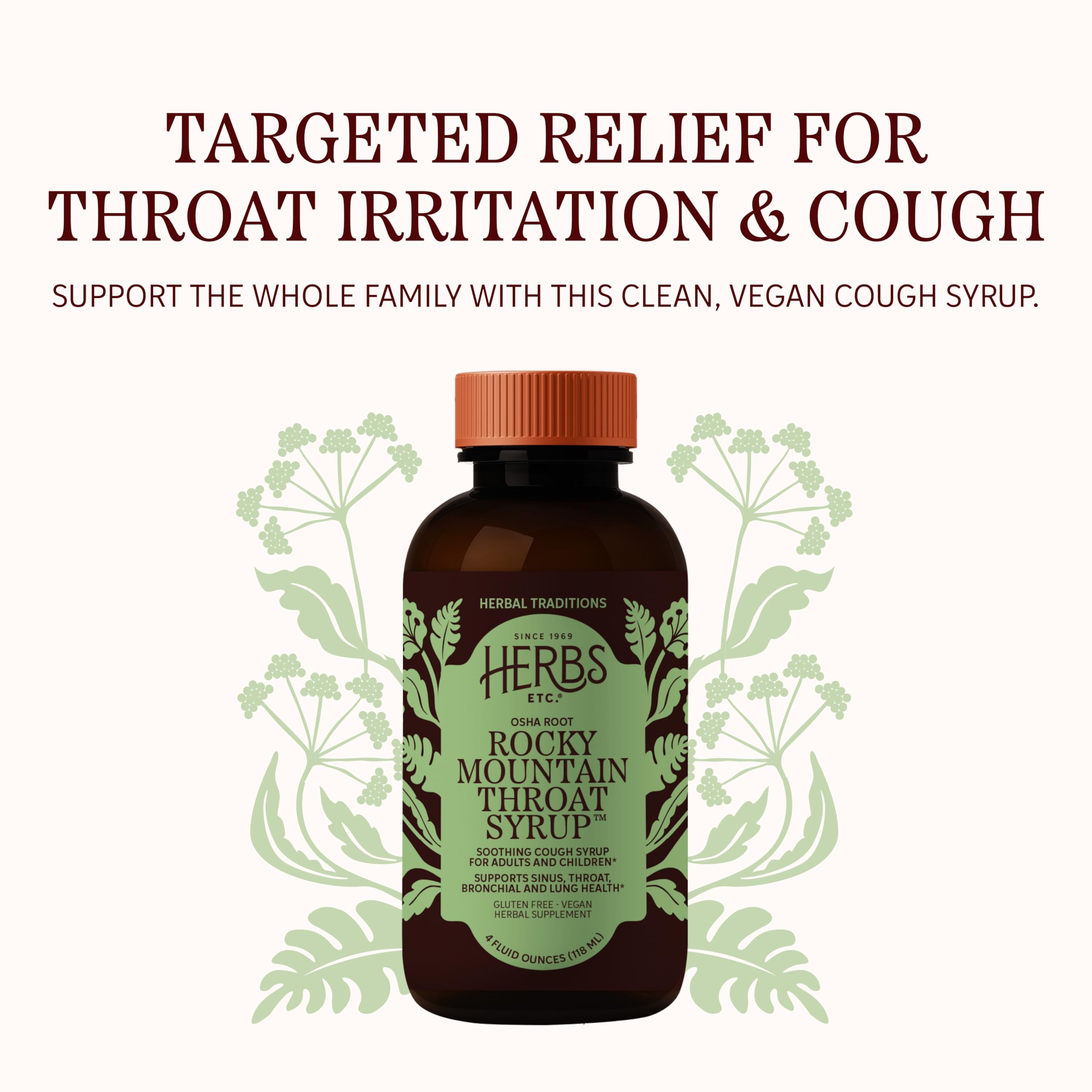 Herbs Etc. Osha Root Throat Syrup packaging showing gluten-free and vegan certifications
