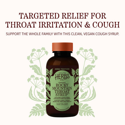 Herbs Etc. Osha Root Throat Syrup packaging showing gluten-free and vegan certifications