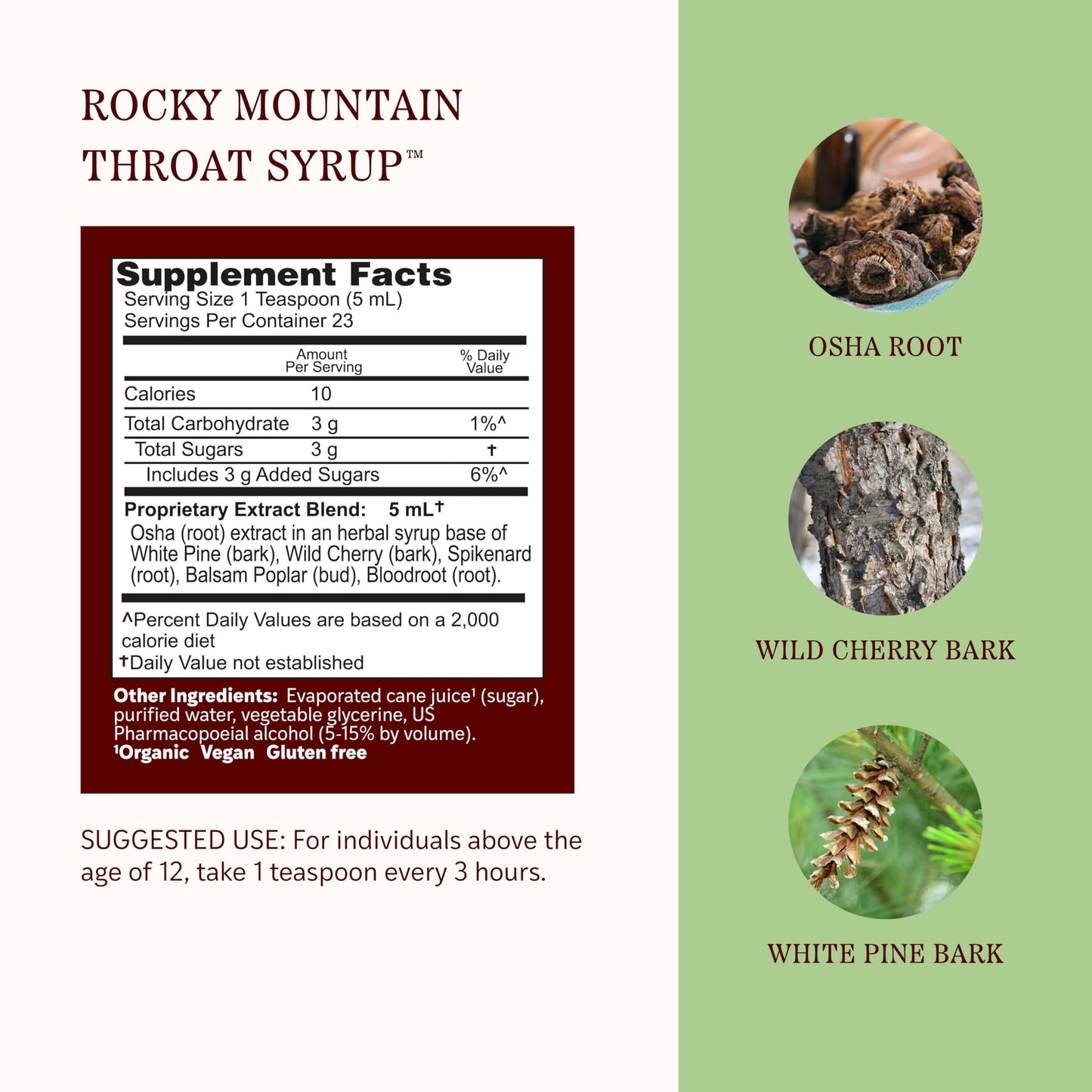 Herbs Etc. Rocky Mountain Throat Syrup nutritional supplement facts and botanical ingredient list