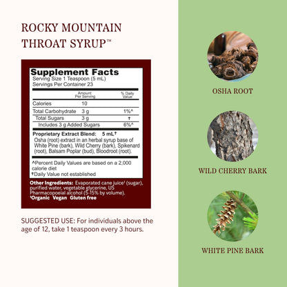 Herbs Etc. Rocky Mountain Throat Syrup nutritional supplement facts and botanical ingredient list