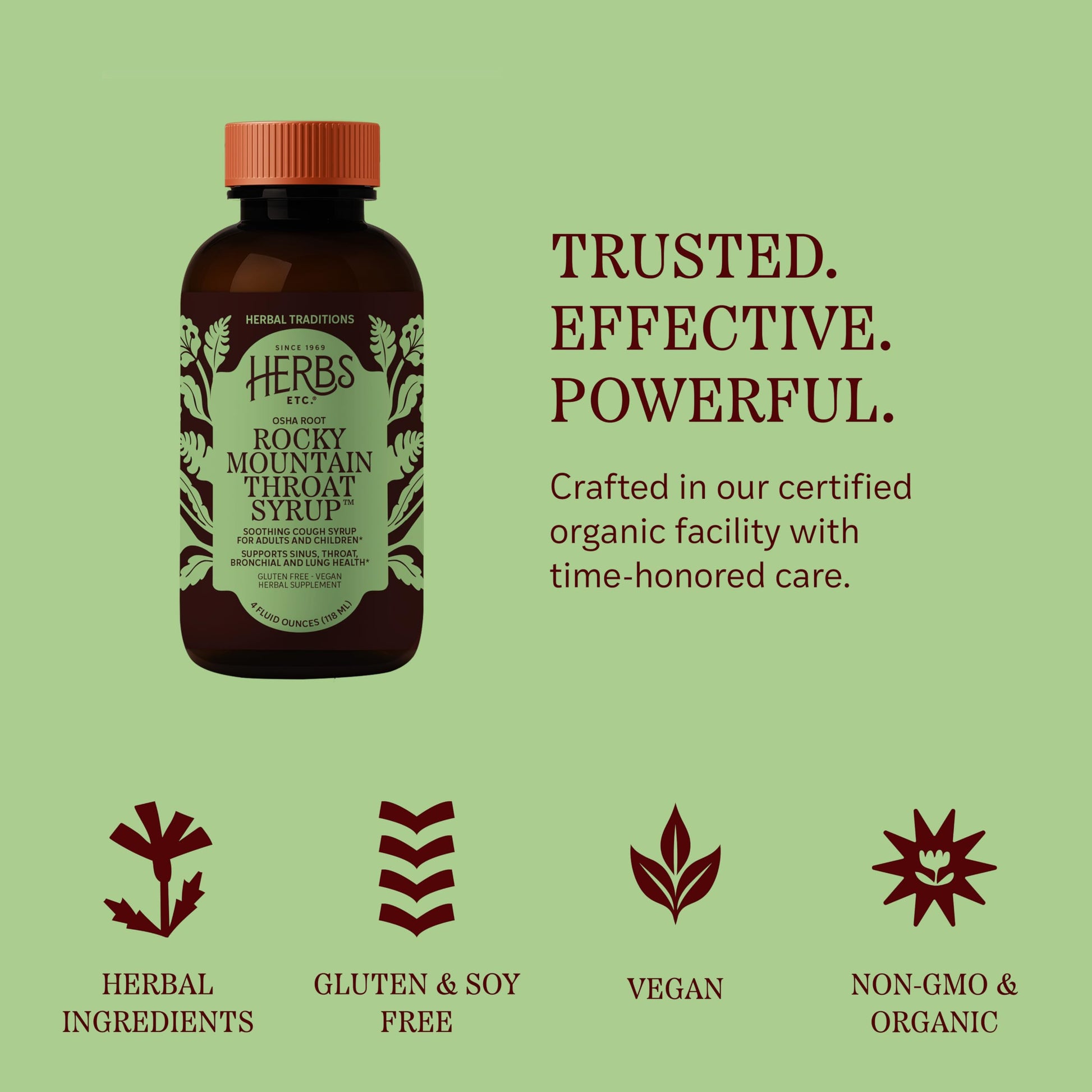 Herbs Etc. Osha Root Cough Syrup side view showcasing clean ingredients and no corn syrup claim