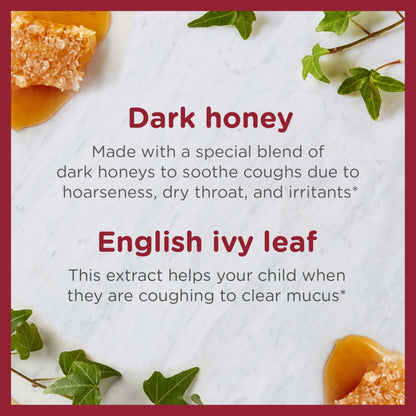 Zarbee's children's drug free cough liquid showing dark honey and ivy leaf ingredient details