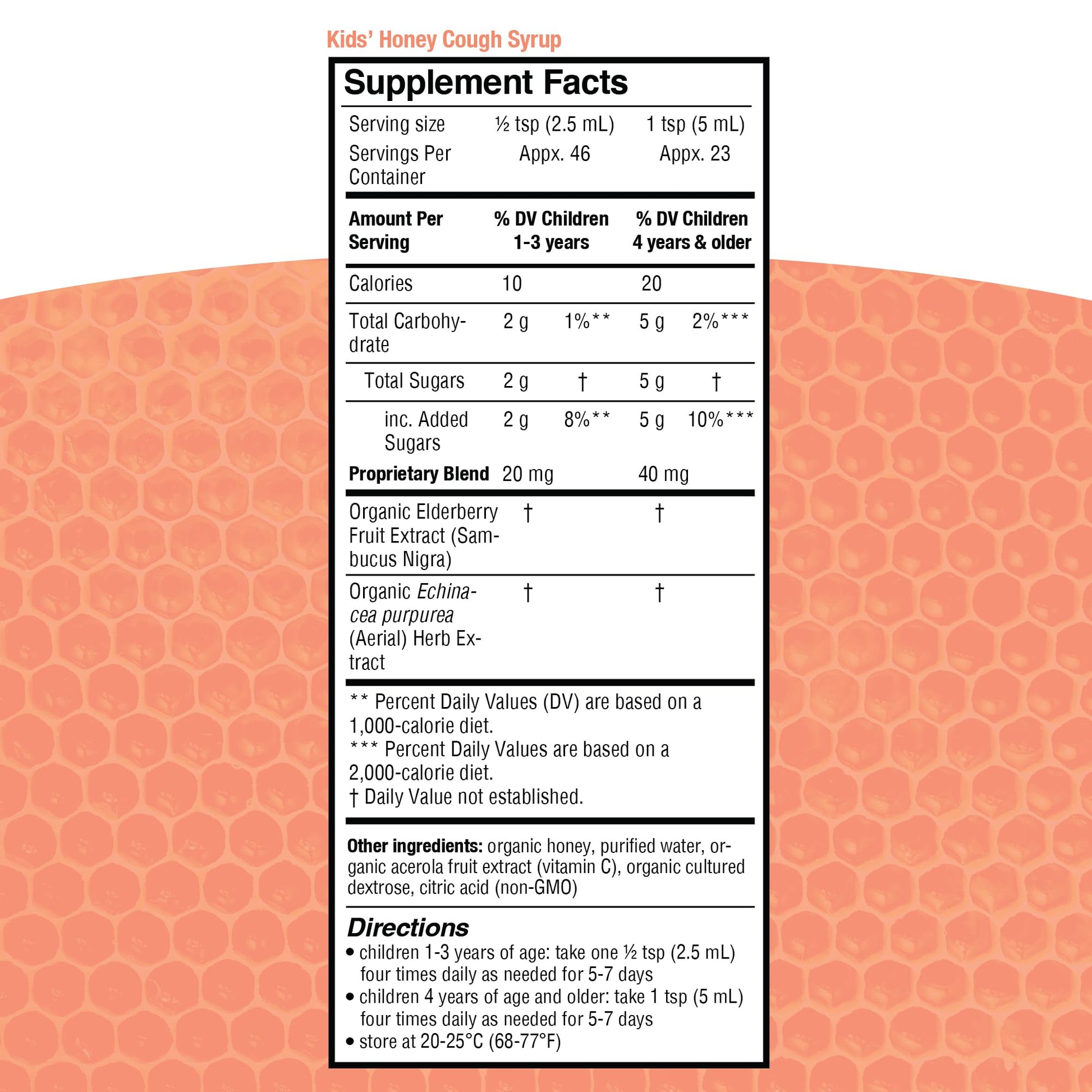 Genexa organic honey syrup for kids showing gluten free manufacturing seals