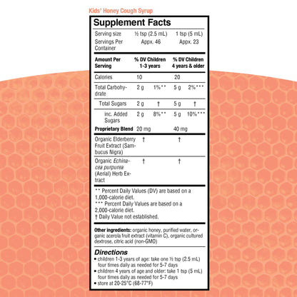 Genexa organic honey syrup for kids showing gluten free manufacturing seals