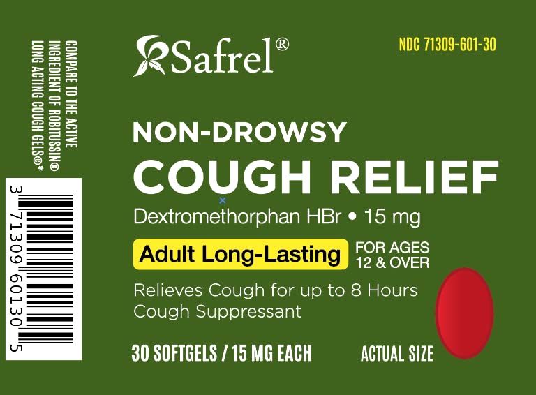 Safrel Dextromethorphan HBr 15mg softgels packaging displaying drug facts and warnings